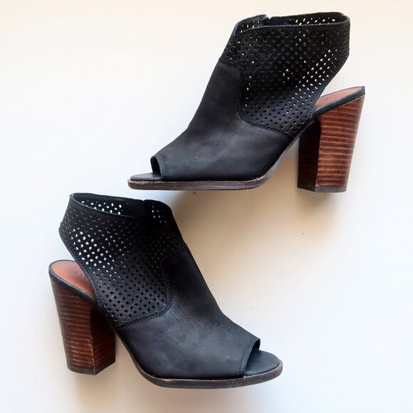 Lucky Brand Black Nubuck Perforated Leather Block Heel Open Toe Bootie Shoes 7.5 - Picture 2 of 16